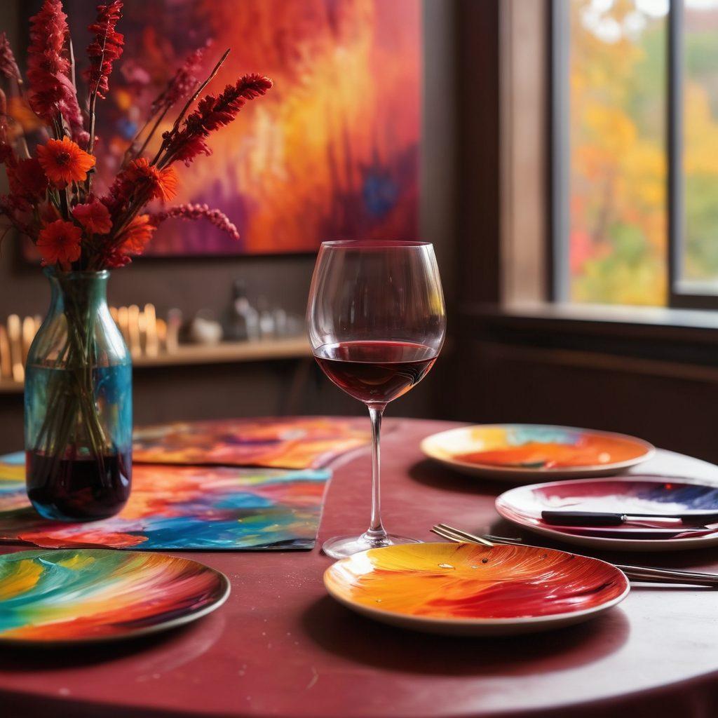 A beautifully curated table setting featuring an elegant wine glass filled with deep red wine, surrounded by vibrant paintbrushes and colorful palettes, symbolizing the fusion of wine and visual arts. In the background, a soft-focus depiction of an art gallery with colorful paintings on display, embodying cultural heritage. The ambiance is warm and inviting, capturing a sense of creativity and enjoyment. super-realistic. vibrant colors. soft-focus background.