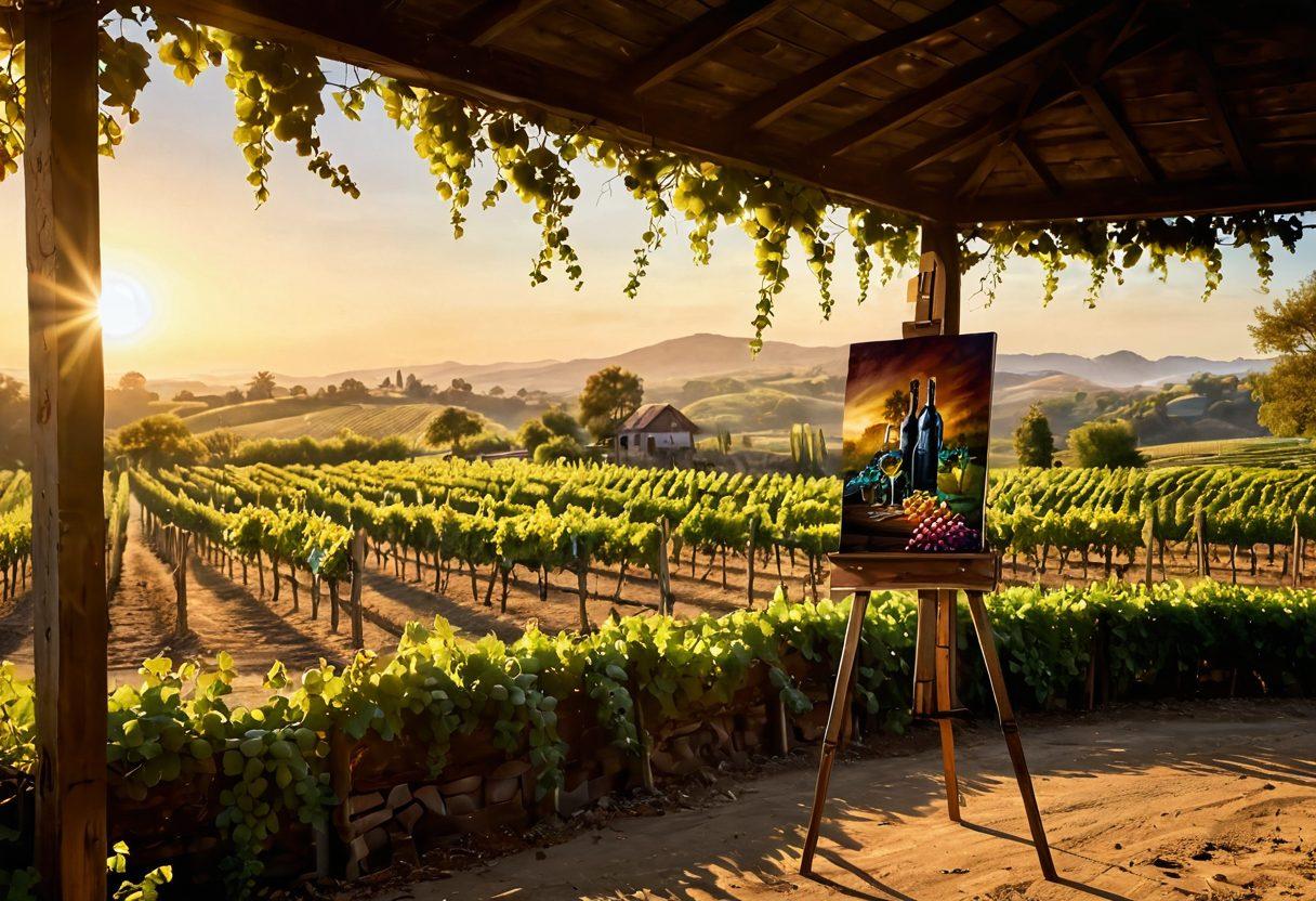 A picturesque vineyard at sunrise, with lush grapevines leading to a rustic wooden canvas easel displaying a vibrant painting of wine bottles and grapes. The warm golden light casts soft shadows, creating an inviting atmosphere. Include elements of wine-making such as barrels and a palette with paint splatters around. The scene is rich in color, evoking a sense of creativity and connection between nature and art. super-realistic. vibrant colors. natural lighting.