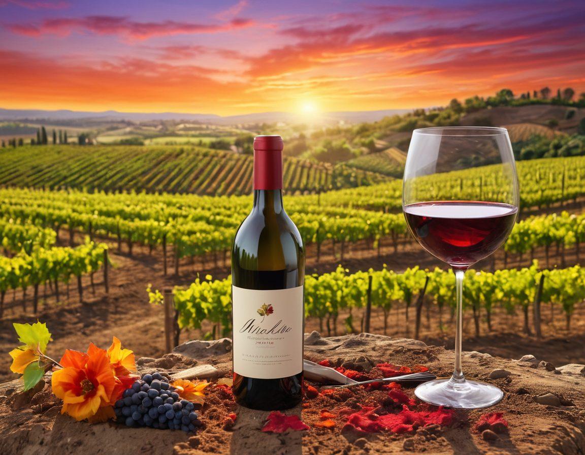 A beautifully arranged vineyard at sunset, with grapevines intertwining with paintbrushes and palettes, symbolizing the fusion of winemaking and artistic expression. In the foreground, a wine bottle spills out vibrant colors that blend into the soil, creating a masterpiece of nature and art. Ornate wine glasses reflecting the artistic landscape complete the scene. 3D. vibrant colors. romantic ambiance.